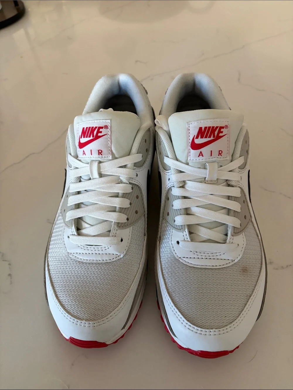 Nike Women’s Air Max 90 Light Iron White/Grey with Black Swoosh and Red Accents